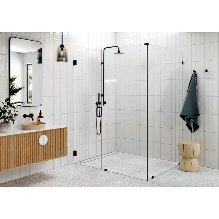 Matte Black Frameless Glass Shower Enclosure with Brass Fittings