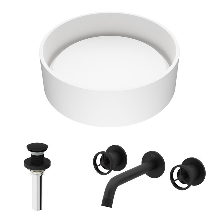 Matte Black and White Round Stone Vessel Sink with Faucet