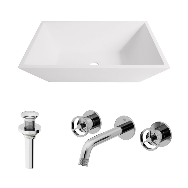 Sleek White Matte Stone 18" Rectangular Vessel Bathroom Sink Set