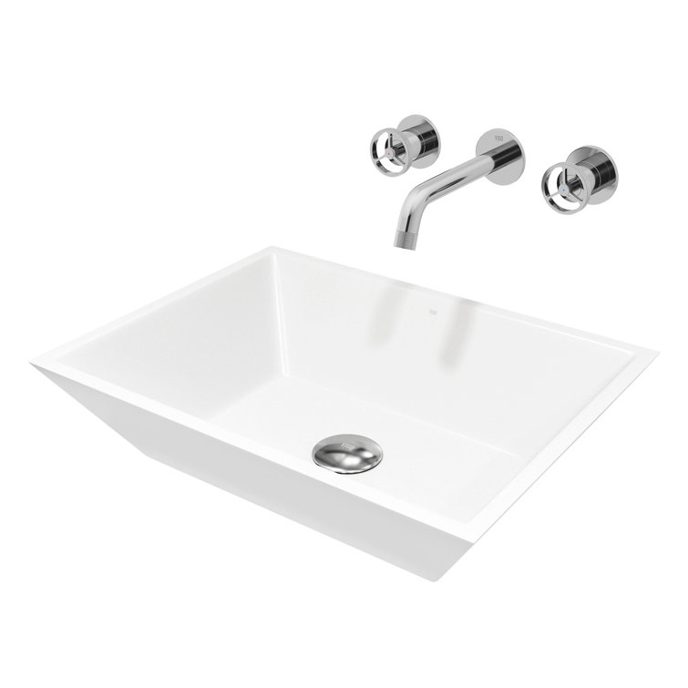 Sleek White Matte Stone 18" Rectangular Vessel Bathroom Sink Set
