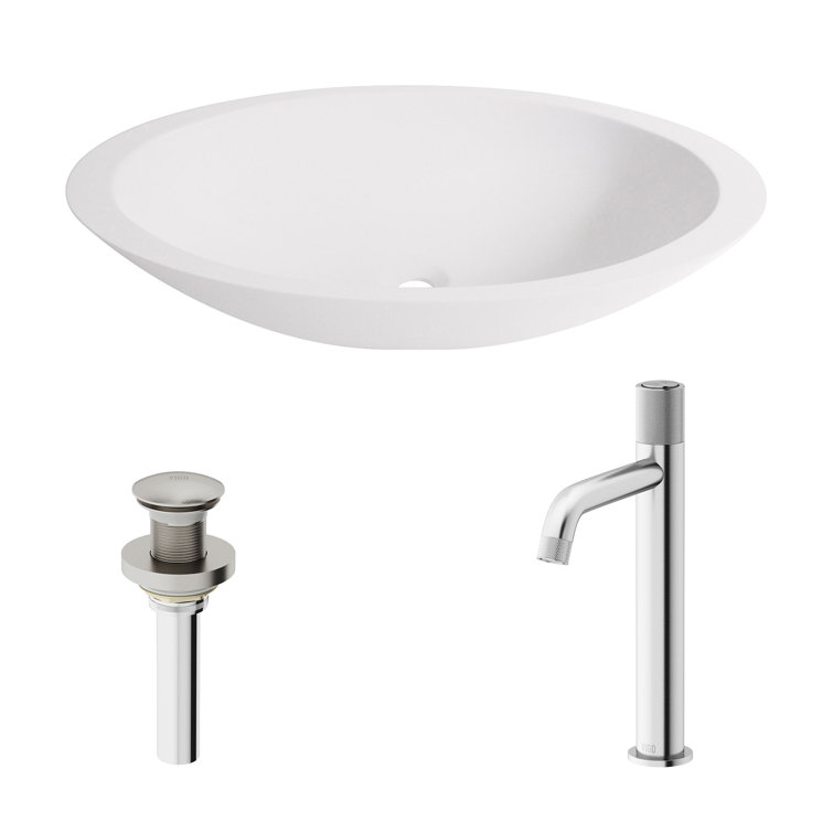 23" White Matte Stone Oval Vessel Sink with Brushed Nickel Faucet