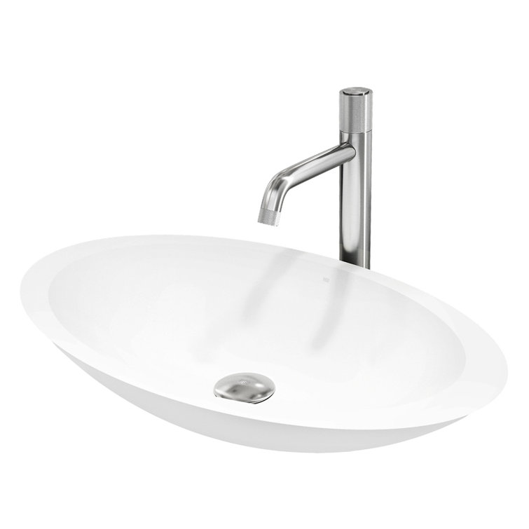 23" White Matte Stone Oval Vessel Sink with Brushed Nickel Faucet