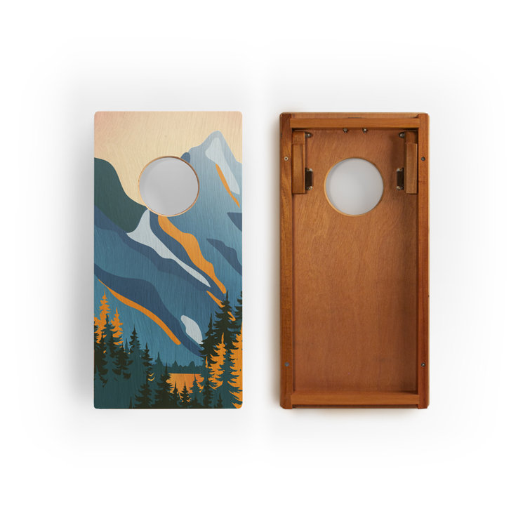 Mahogany and Plywood Foldable Cornhole Set with Mountain Design