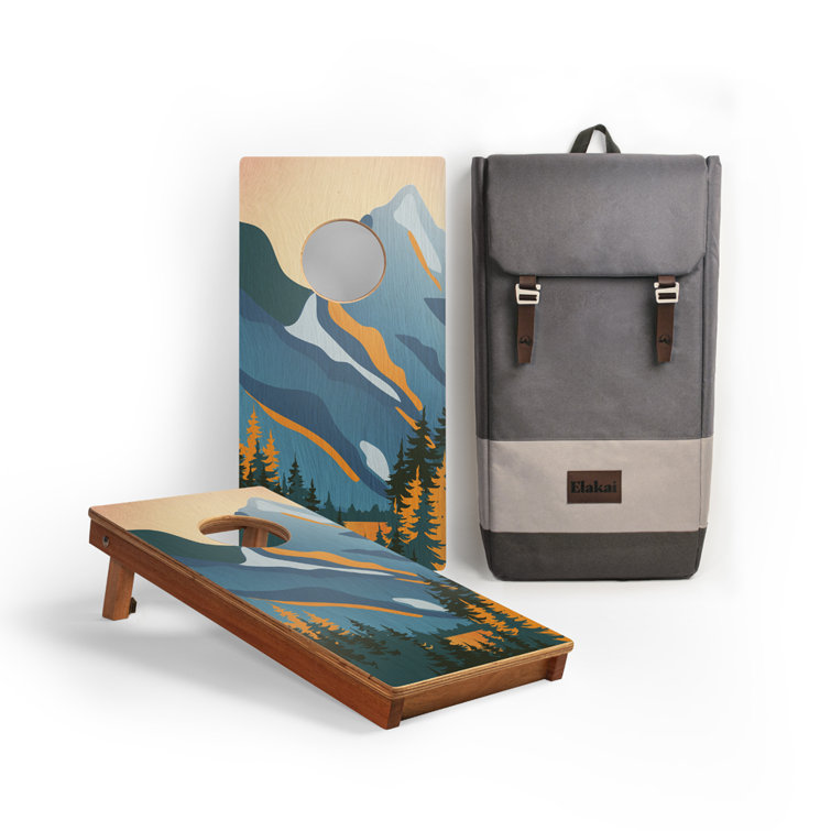 Mahogany and Plywood Foldable Cornhole Set with Mountain Design