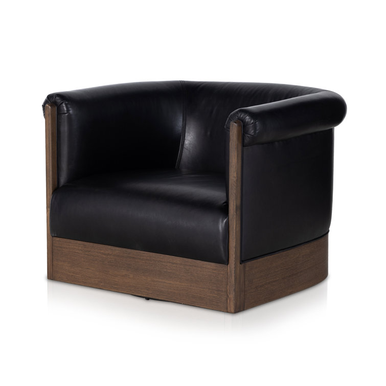 Heirloom Black Leather Swivel Barrel Chair with Ash Veneer