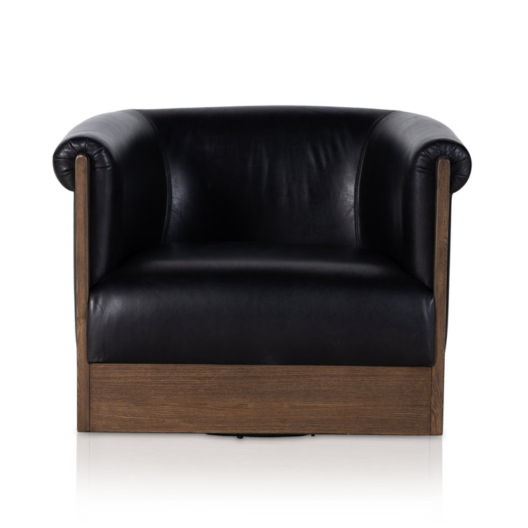 Heirloom Black Leather Swivel Barrel Chair with Ash Veneer