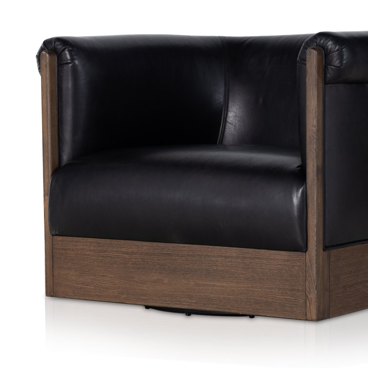 Heirloom Black Leather Swivel Barrel Chair with Ash Veneer