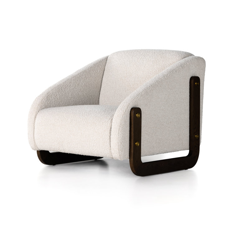 Cream Boucle Upholstered Oak Accent Chair with Brass Caps