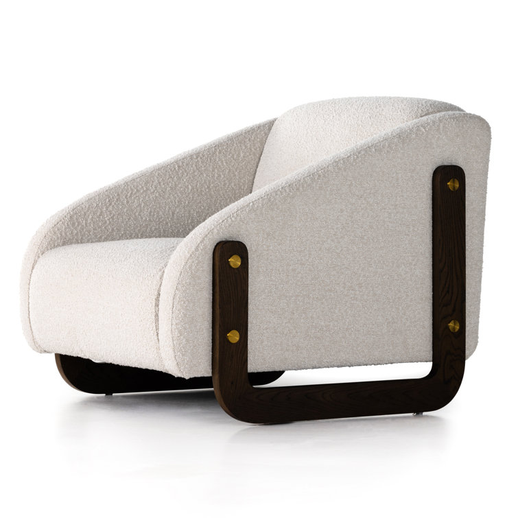Cream Boucle Upholstered Oak Accent Chair with Brass Caps