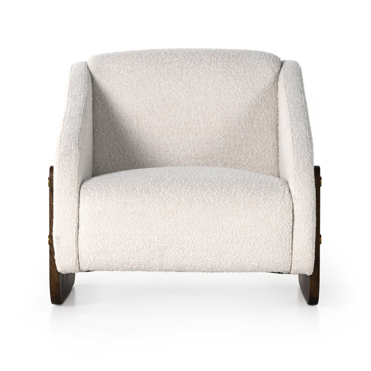Cream Boucle Upholstered Oak Accent Chair with Brass Caps