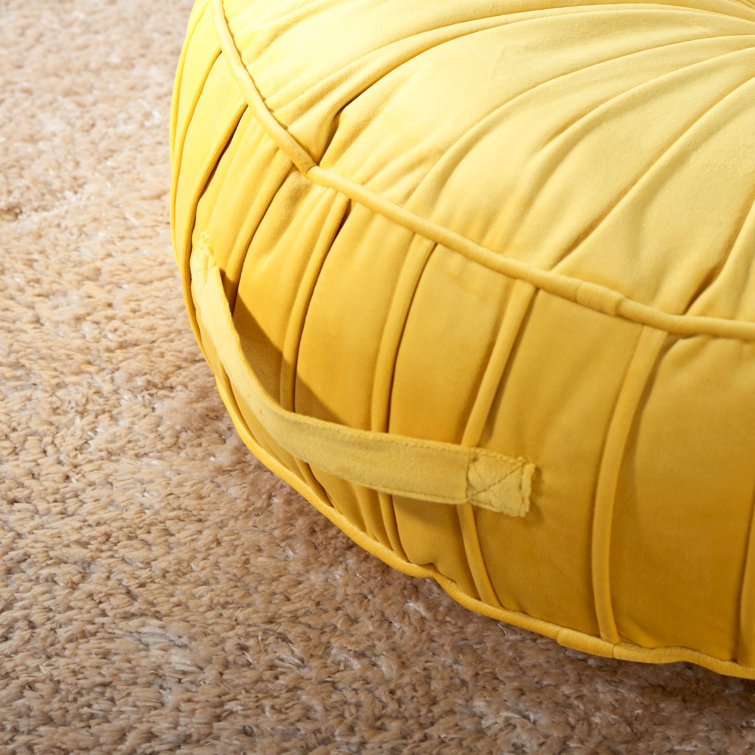 Mustard Round Velvet Floor Pillow with Handle, 25" x 25"