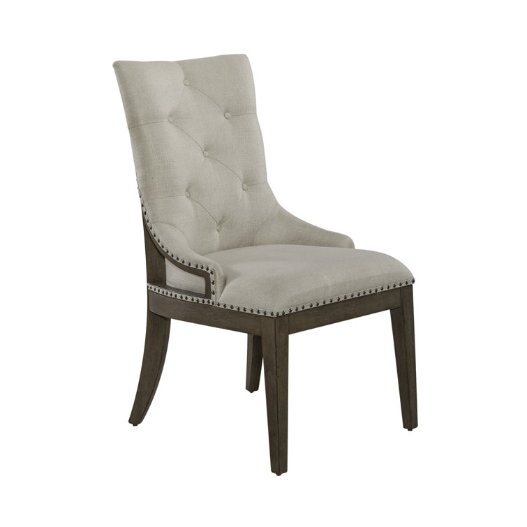 Beige Tufted Linen Upholstered Side Chair with Wood Frame