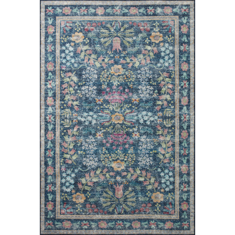 Enchanted Garden 18" Square Blue Botanical Easy-Care Area Rug