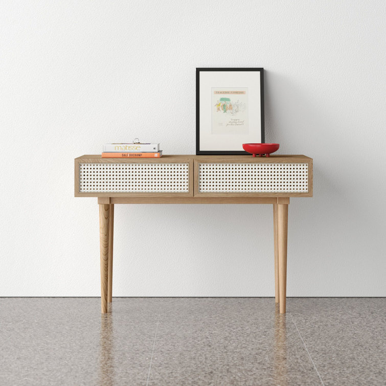 Smoked Oak & Rattan Dual-Drawer Console Table with Ball Bearing Glides