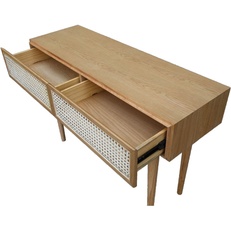 Smoked Oak & Rattan Dual-Drawer Console Table with Ball Bearing Glides