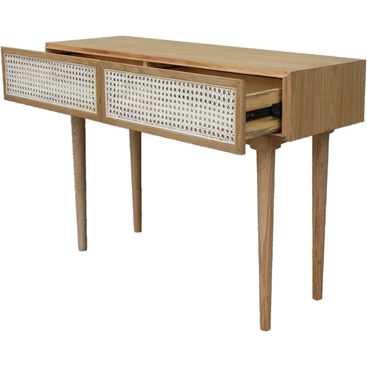Smoked Oak & Rattan Dual-Drawer Console Table with Ball Bearing Glides