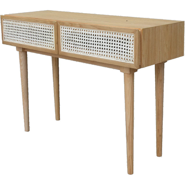 Smoked Oak & Rattan Dual-Drawer Console Table with Ball Bearing Glides