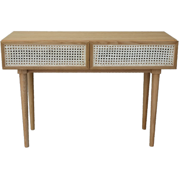 Smoked Oak & Rattan Dual-Drawer Console Table with Ball Bearing Glides