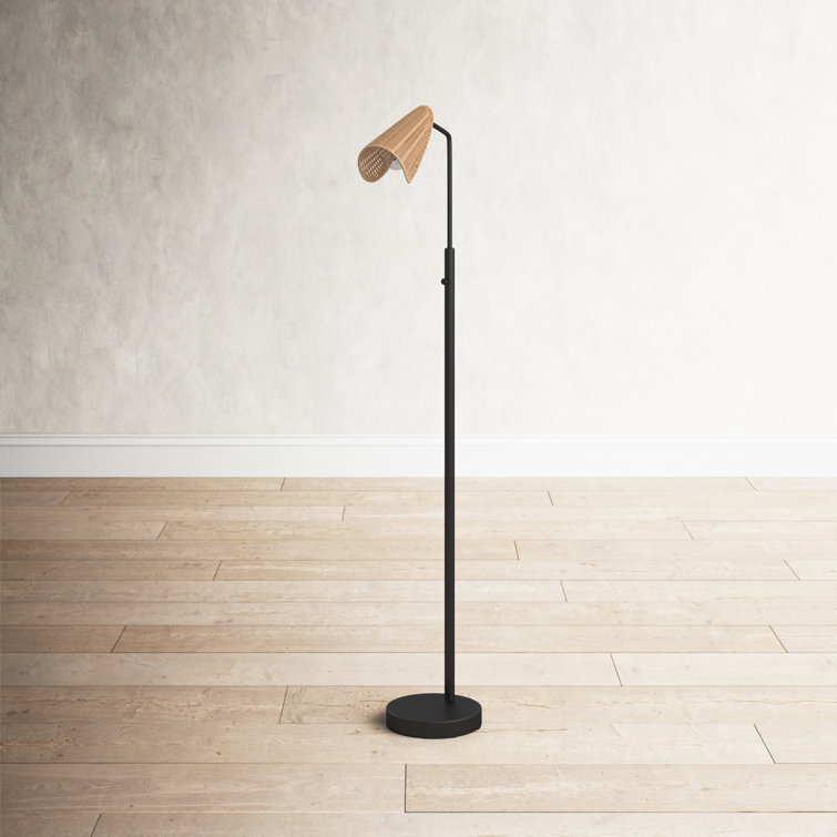 Adjustable Black Metal Floor Lamp with Natural Rattan Shade