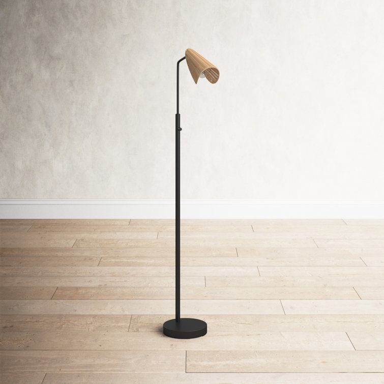 Adjustable Black Metal Floor Lamp with Natural Rattan Shade