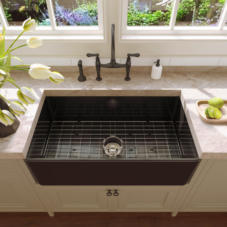 Matte Black Fireclay Farmhouse Kitchen Sink with Grid and Strainer