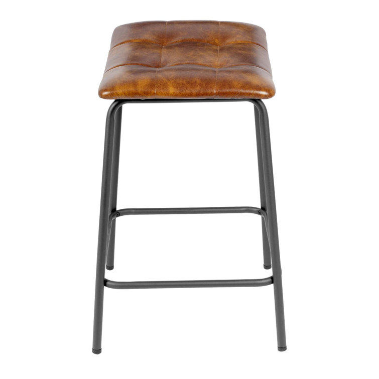 24'' Yellow Brown Faux Leather and Iron Backless Bar Stools, Set of 2