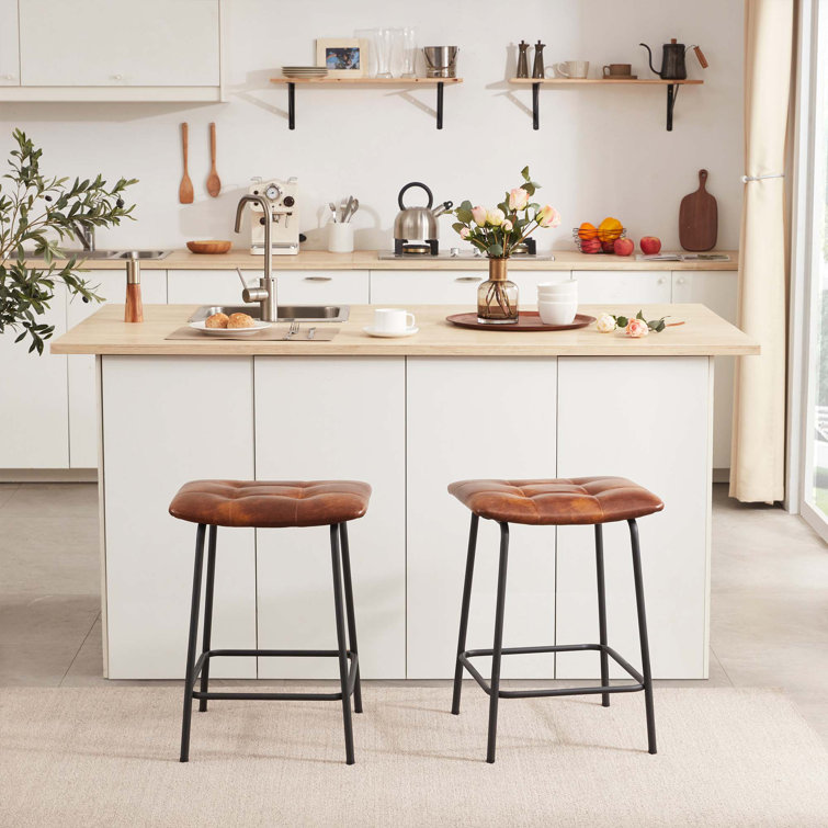 24'' Yellow Brown Faux Leather and Iron Backless Bar Stools, Set of 2