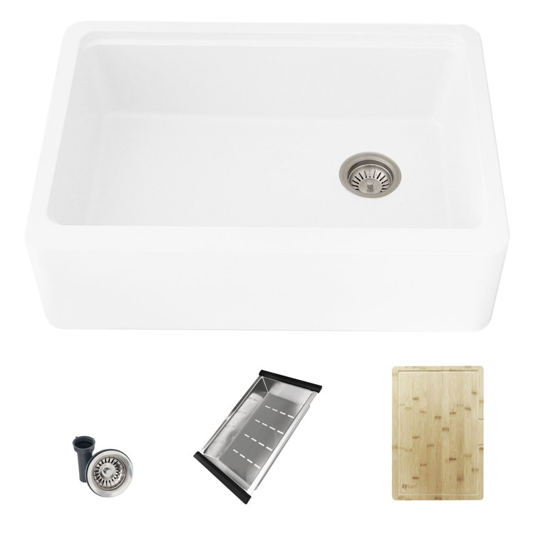 White Composite Granite 30" Farmhouse Apron Kitchen Sink with Accessories