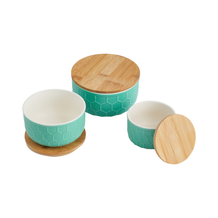 Mint Green Ceramic Bowls with Bamboo Lids, Set of 3