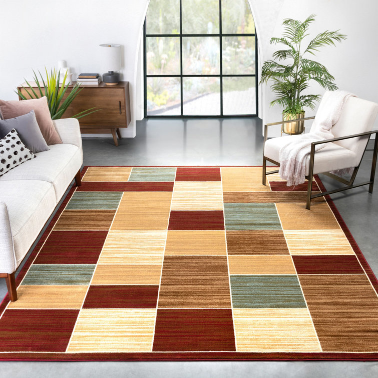Modern Geometric Red and Beige Synthetic Area Rug, 5' x 7'