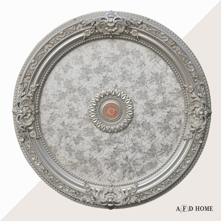 Antique Silver Round Chandelier Ceiling Medallion with Floral Design, 36 Inches