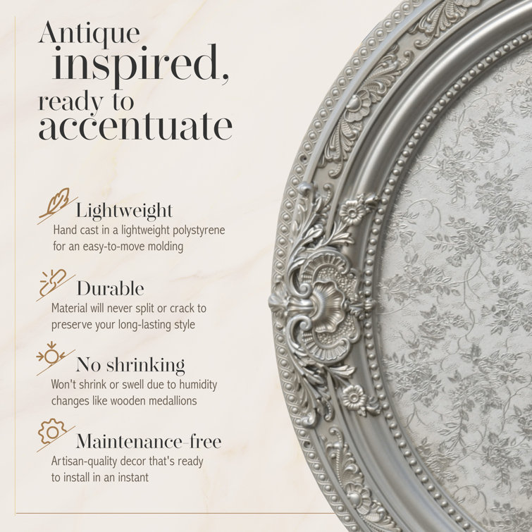 Antique Silver Round Chandelier Ceiling Medallion with Floral Design, 36 Inches