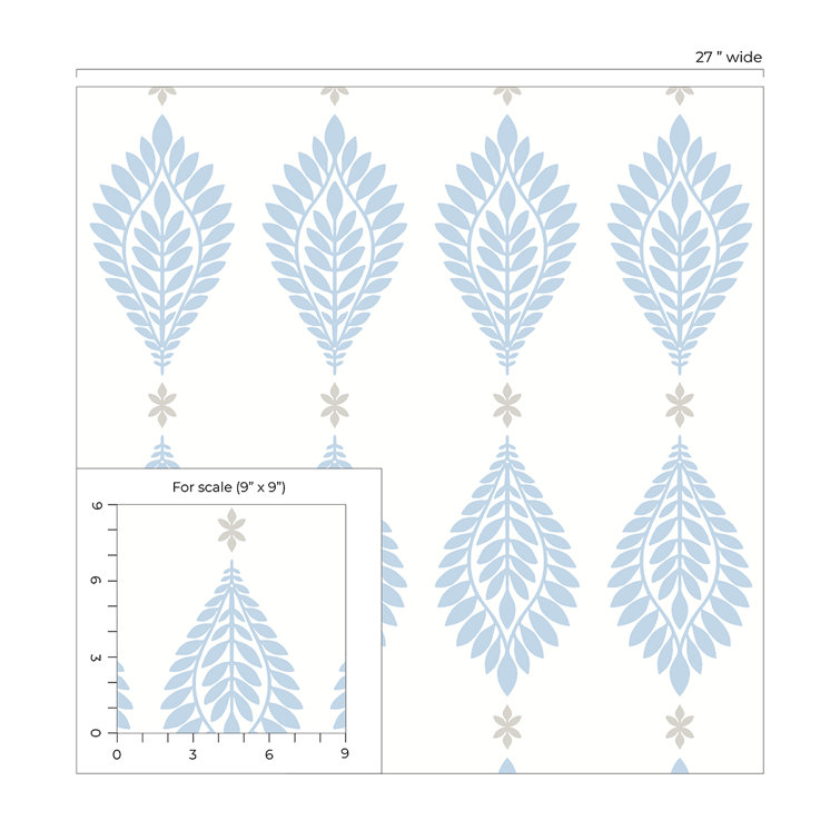 Carolina Blue and Eggshell Palm Frond Vinyl-Coated Wallpaper