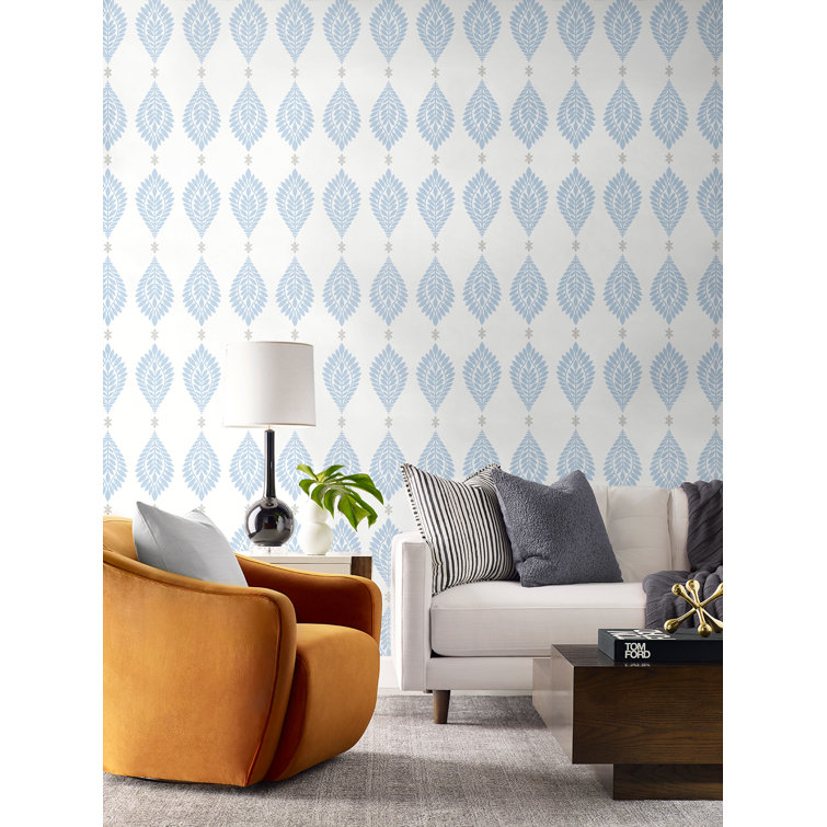 Carolina Blue and Eggshell Palm Frond Vinyl-Coated Wallpaper
