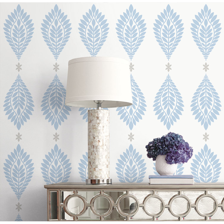 Carolina Blue and Eggshell Palm Frond Vinyl-Coated Wallpaper