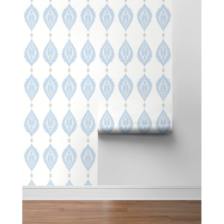 Carolina Blue and Eggshell Palm Frond Vinyl-Coated Wallpaper