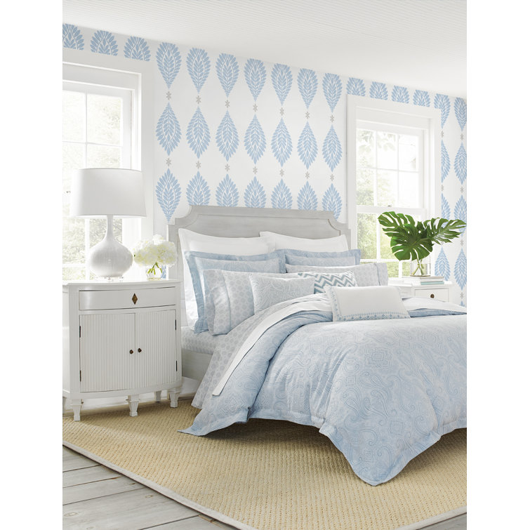 Carolina Blue and Eggshell Palm Frond Vinyl-Coated Wallpaper