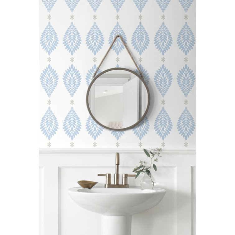 Carolina Blue and Eggshell Palm Frond Vinyl-Coated Wallpaper
