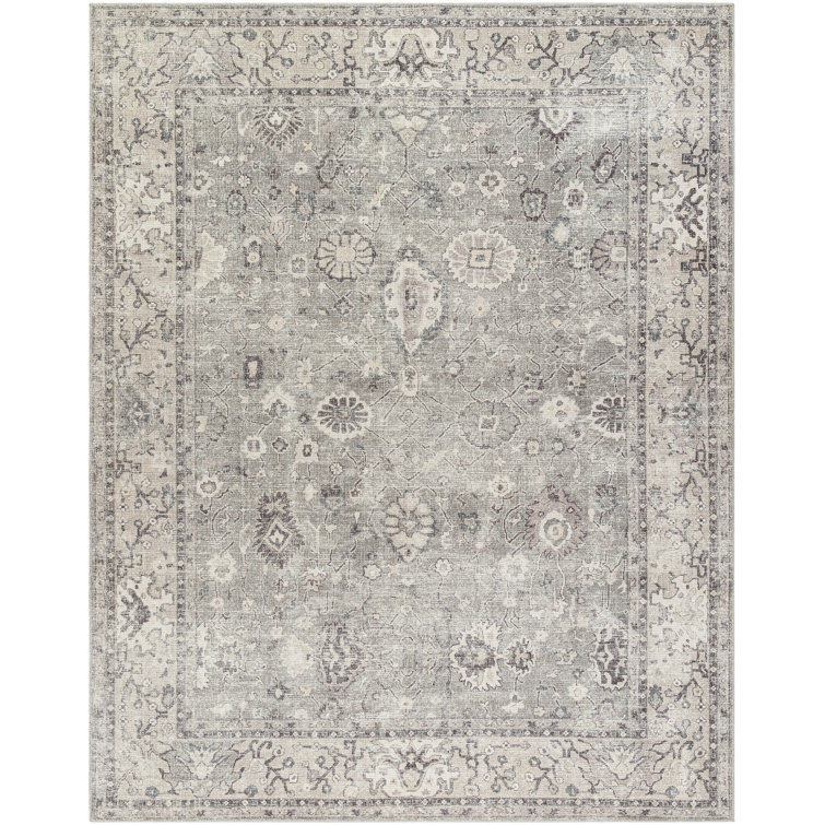 Davina Vintage-Style Floral Motif Area Rug in London Fog, 6'7" x 9'