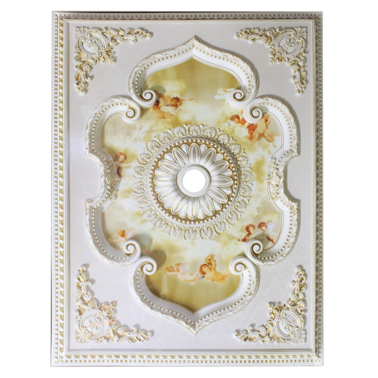Rectangular Antique White and Gold Ceiling Medallion with Angel Design