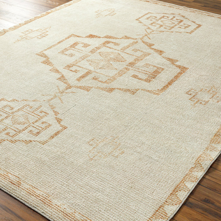 Ivory and Gold Hand-Knotted Synthetic Area Rug
