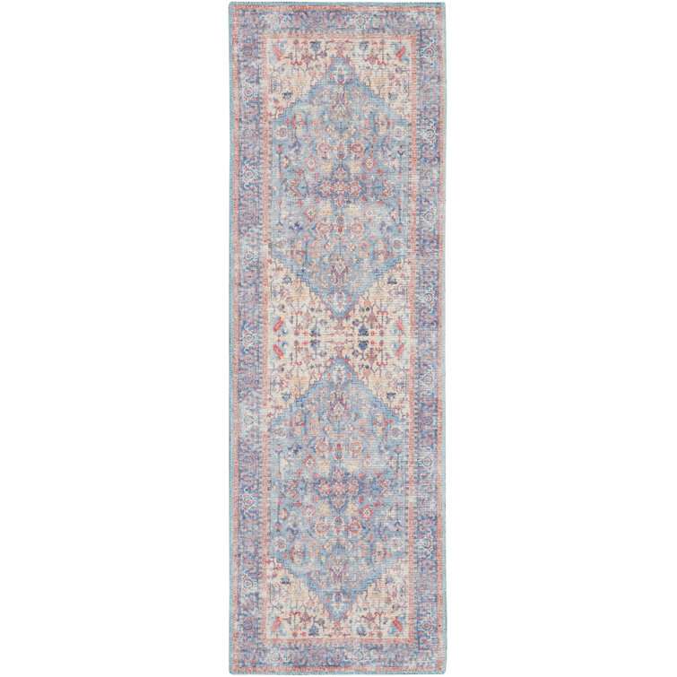 Machine Washable Blue and Multicolor Floral Runner Rug