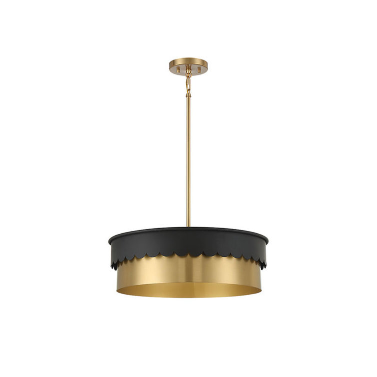 Matte Black and Brass Drum Pendant Light with Adjustable Rod