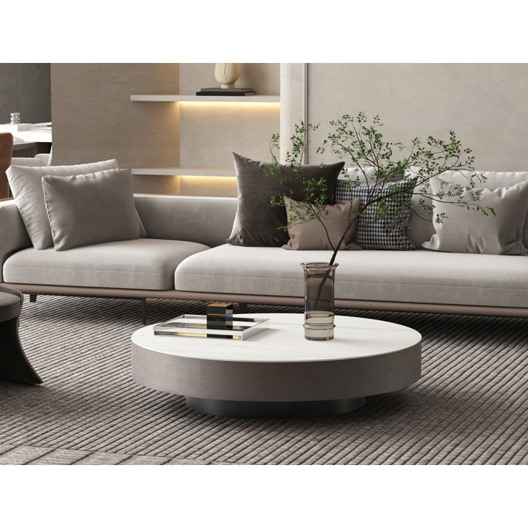 Cory 88'' White Ceramic and Grey Oak Veneer Round Coffee Table