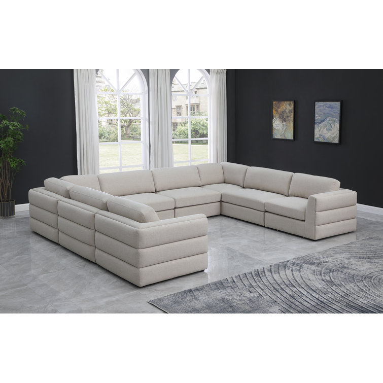 Beckham Modular 8-Piece Beige Linen & Wood Sectional with Ottoman