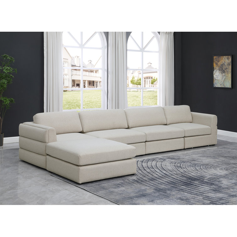 Beckham Contemporary Beige Linen 5-Piece Sectional with Ottoman