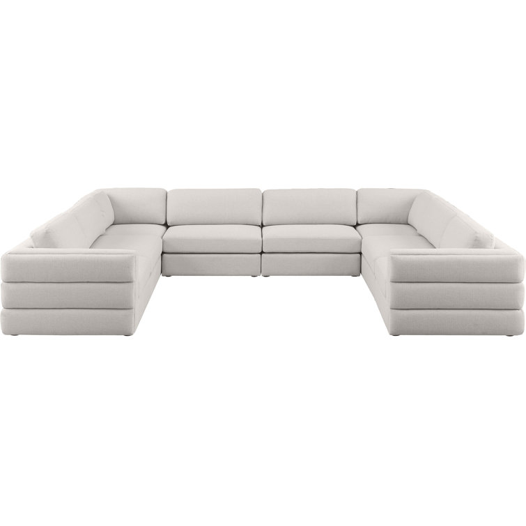Beckham Modular 8-Piece Beige Linen & Wood Sectional with Ottoman