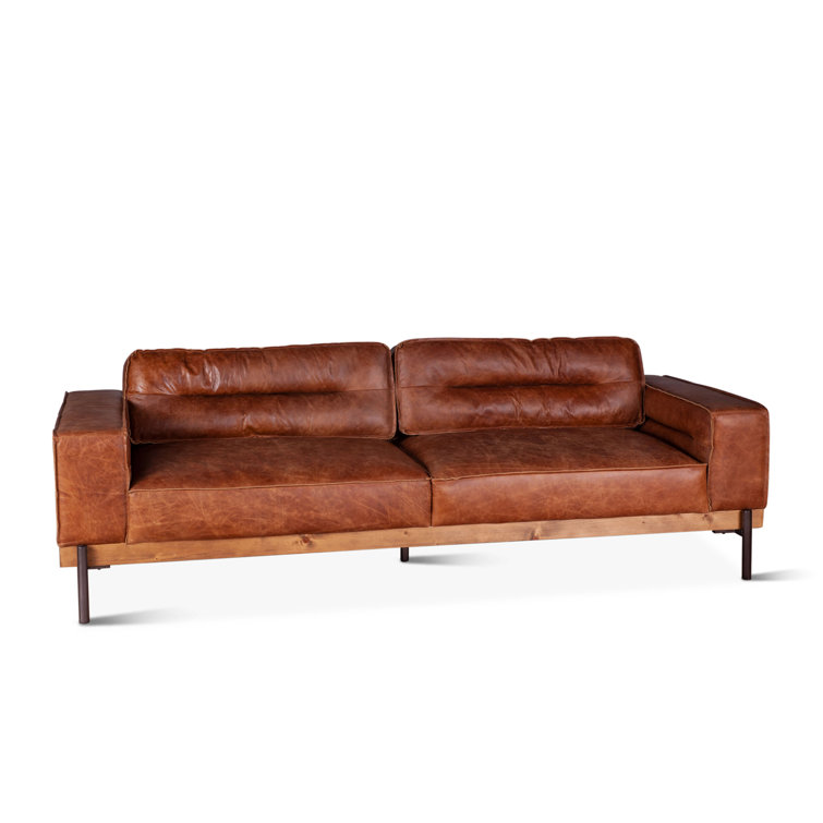 Chiavari Vintage Cognac Leather Sofa with Oak Base