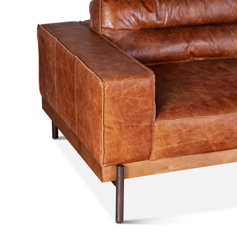 Chiavari Vintage Cognac Leather Sofa with Oak Base