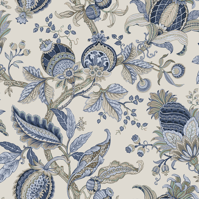 Cottage Chic Blue Damask Floral Non-Pasted Wallpaper Roll